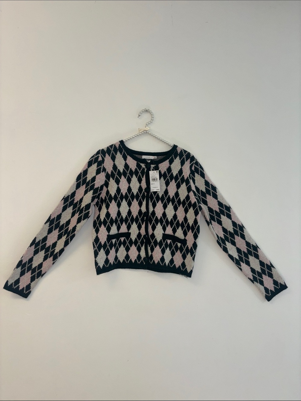 LUSH Argyle Button-Front Cardigan Sweater green white Pink size medium NWT NEW